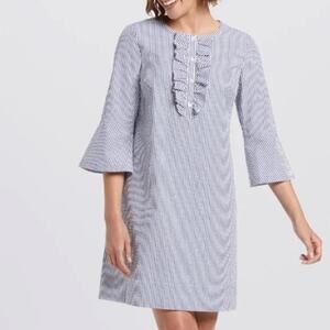 Draper James Cotton Pinstripe Blue White Ruffle 3/4 Flare Sleeve Midi Dress 2